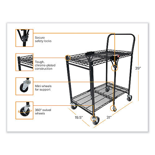Bostitch Stowaway Folding Carts, Metal, 2 Shelves, 250 lb Capacity, 29.63" x 37.25" x 18", Black (BSACSMBLK)