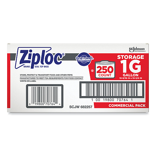 Ziploc Double Zipper Storage Bags, Triple System Seal, Gallon, 10.56" x 10.75", Clear, 250/Box (682257)