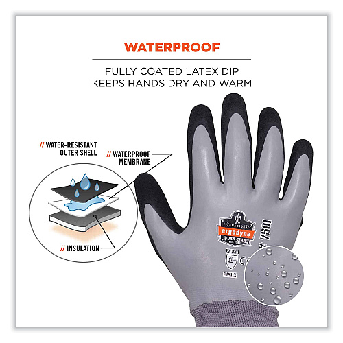 ergodyne ProFlex 7501-CASE Coated Waterproof Winter Gloves, Gray, Large, 144 Pairs/Carton (17934)