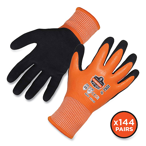 ergodyne ProFlex 7551-CASE ANSI A5 Coated Waterproof CR Gloves, Orange, Large, 144 Pairs/Carton (17994)