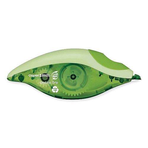Paper Mate DryLine Grip Correction Tape, Recycled Dispenser, Green/White Applicator, 0.2" x 335", 2/Pack (1744480)