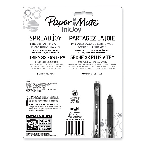 Paper Mate InkJoy Gel Pen, Retractable, Fine 0.5 mm, Assorted Ink and Barrel Colors, 8/Pack (1968614)