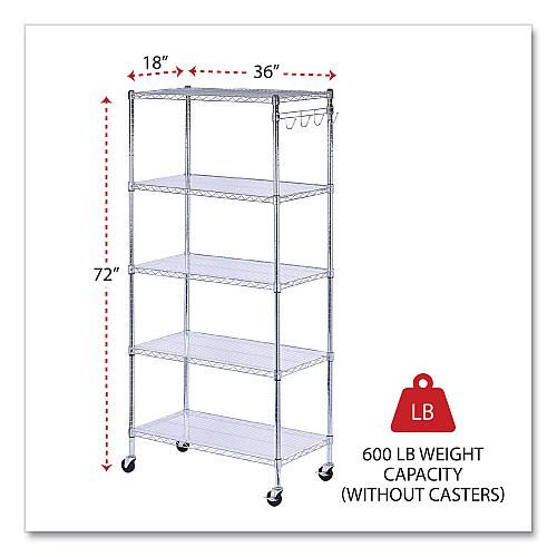 Alera 5-Shelf Wire Shelving Kit with Casters and Shelf Liners, 36w x 18d x 72h, Silver (ALESW653618SR)