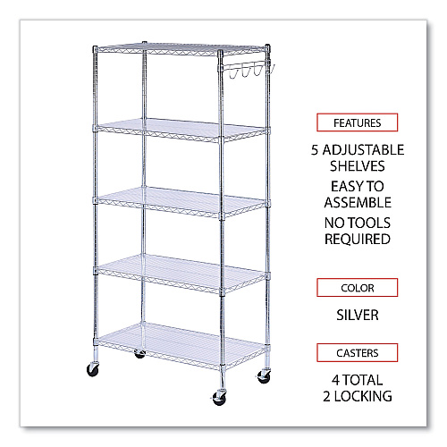 Alera 5-Shelf Wire Shelving Kit with Casters and Shelf Liners, 36w x 18d x 72h, Silver (ALESW653618SR)