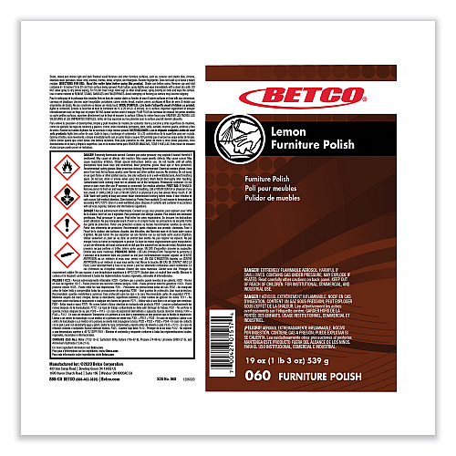 Betco Lemon Furniture Polish, Lemon Scent, 19 oz Aerosol Can, 12/Carton (602300)