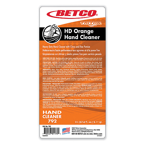 Betco HD Orange Hand Cleaner Refill for Triton Dispensers, Citrus Zest Scent, 2 L, 6/Carton (7926200)