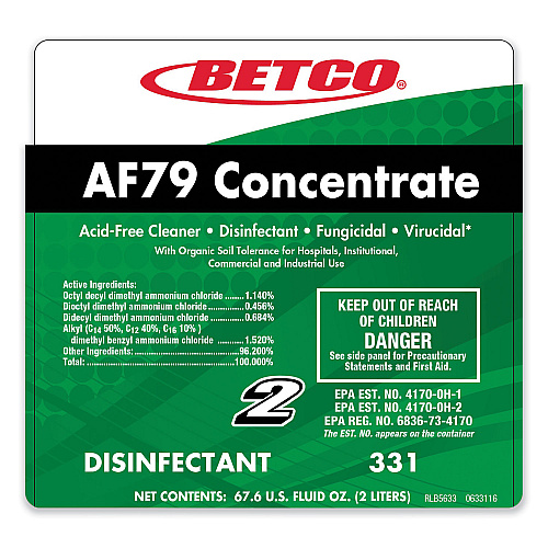 Betco AF79 Acid-Free Bathroom Cleaner Concentrate, Ocean Breeze Scent, 2 L Bottle, 4/Carton (3314700)