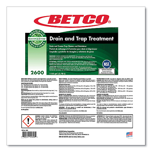Betco BioActive Solutions Drain and Trap Treatment, Ocean Scent, 1 gal Bottle, 4/Carton (26000400)
