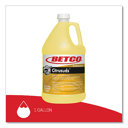 Betco Symplicty Citrusuds Manual Dishwashing Detergent, Lemon Scent, 1 gal Bottle, 4/Carton (21090400)