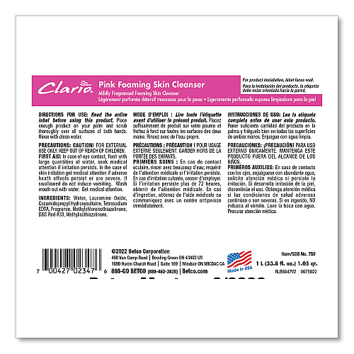 Betco Pink Foaming Skin Cleanser Refill, Fresh Scent, 1,000 mL, 6/Carton (7502900)