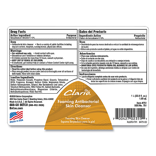 Betco Antibacterial Foaming Skin Cleanser Refill, Fresh Scent, 1,000 mL, 6/Carton (7512900)