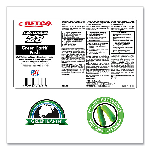 Betco PUSH All Purpose Cleaner and Odor Eliminator, New Green Scent, 2 L Bottle, 4/Carton (1334700)