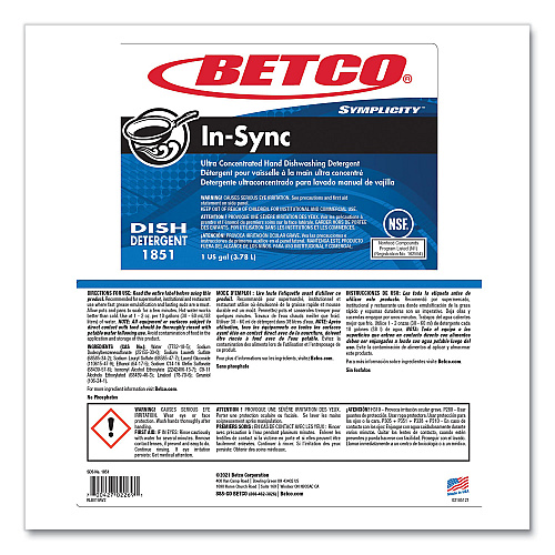 Betco Symplicity In-Sync Premium Hand Dishwashing Detergent, Fresh Ozonic Scent, 1 gal Bottle, 4/Carton (18510400)