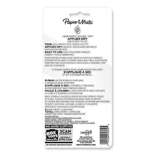 Paper Mate DryLine Correction Tape, Non-Refillable, Green/Purple Applicators, 0.17" x 472", 2/Pack (6137206)
