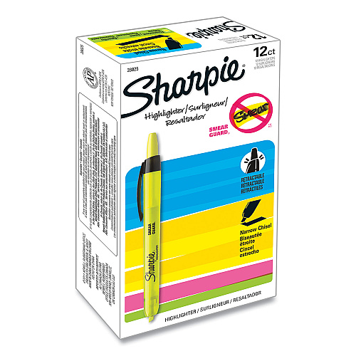 Sharpie Retractable Highlighters, Fluorescent Yellow Ink, Chisel Tip, Yellow/Black Barrel, Dozen (28025)
