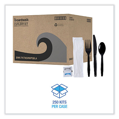 Boardwalk&reg; Six-Piece Cutlery Kit Cdmt/Fk/Kf/Npkn/Tsp, 250 Packs (BWKFKTNSMWPSBLA)
