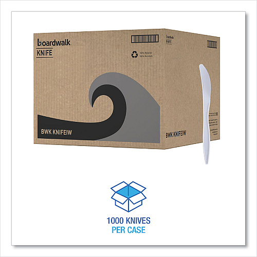 Boardwalk&reg; Wrapped Plastic Cutlery, Knives, White, 1000/Carton (BWKKNIFEIW)