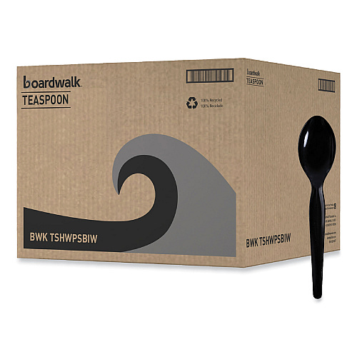 Boardwalk&reg; Heavyweight Wrapped Cutlery, Teaspoon, Black, 1000 Pcs (BWKTSHWPSBIW)