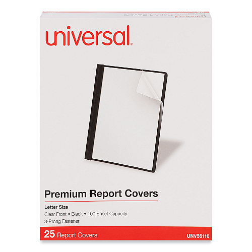 Universal Clear Front Report Cover with Fasteners, Three-Prong Fastener, 0.5" Capacity, 8.5 x 11, Clear/Black, 25/Box (UNV56116)