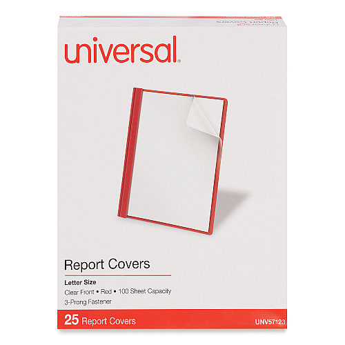 Universal Clear Front Report Cover, Prong Fastener, 0.5" Capacity, 8.5 x 11, Clear/Red, 25/Box (UNV57123)