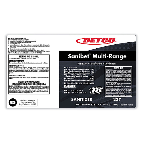 Betco Symplicity Sanibet Multi-Range Sanitizer Disinfectant Deodorizer, 1 gal Bottle, 4/Carton (2370400)