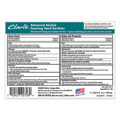 Betco Clario Advanced Alcohol Foaming Sanitizer, 1,000 mL Bag, Citrus, 6/Carton (7952900)
