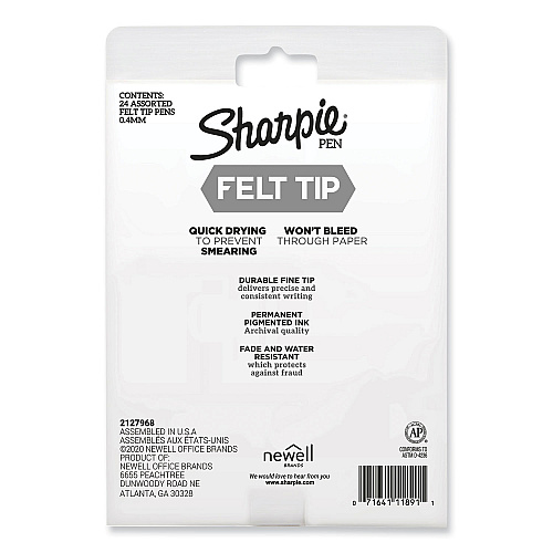 Sharpie Art Pen Porous Point Pen, Stick, Fine 0.4 mm, Assorted Ink Colors, Black Barrel, 24/Pack (1983967)