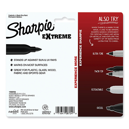 Sharpie Extreme Marker, Fine Bullet Tip, Black, 4/Pack (1927436)