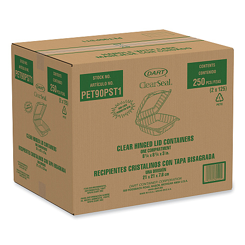 Dart ClearSeal Hinged-Lid Plastic Containers, 8.22w x 3.02h, Clear, Plastic, 250/Carton (PET90PST1)