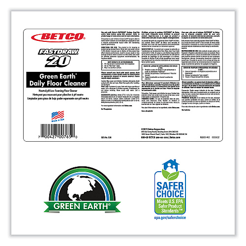 Betco Green Earth Daily Floor Cleaner, 2 L Bottle, Unscented, 4/Carton (5364700)