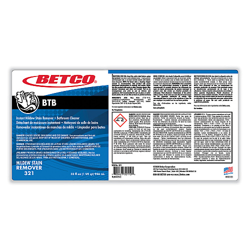 Betco BTB Mildew Stain Remover, Apple, 32 oz Spray Bottle, 12/Carton (3211200)