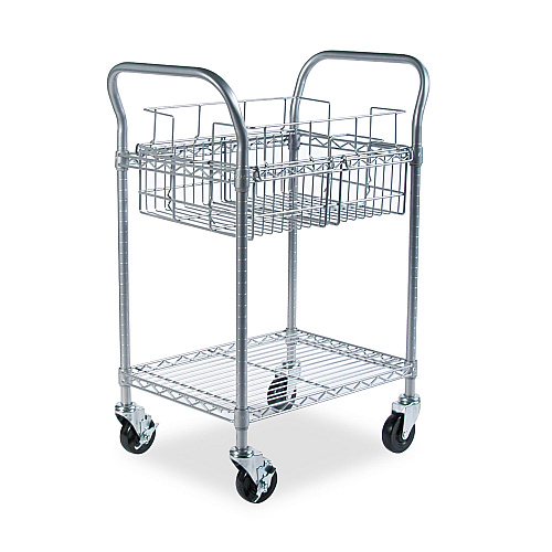 Safco Dual-Purpose Wire Mail and Filing Cart, Metal, 1 Shelf, 1 Bin, 26.75" x 18.75" x 38.5", Metallic Gray (5235GR)