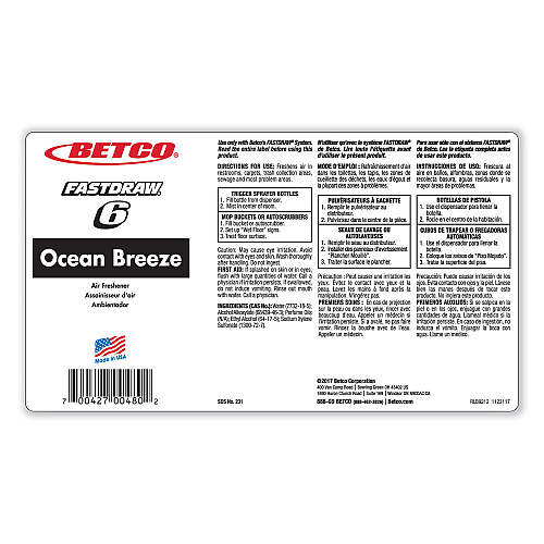 Betco BestScent Ocean Breeze Deodorizer, Ocean Breeze Scent, 67.6 oz FastDraw Bottle, 4/Carton (2314700)