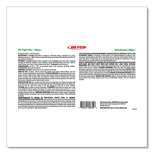 Betco GE Fight Bac Disinfecting Wipes, 5.5 x 7, Fresh Scent, 500/Bucket, 4 Buckets/Carton (392F100CT)