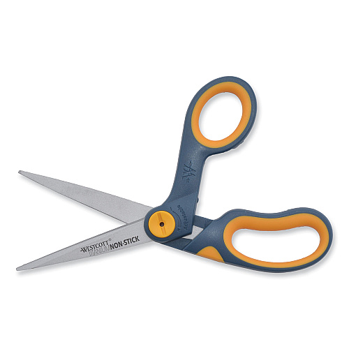 Westcott Non-Stick Titanium Bonded Scissors, 8" Long, 3.25" Cut Length, Crane-Style Gray/Yellow Handle (14850)
