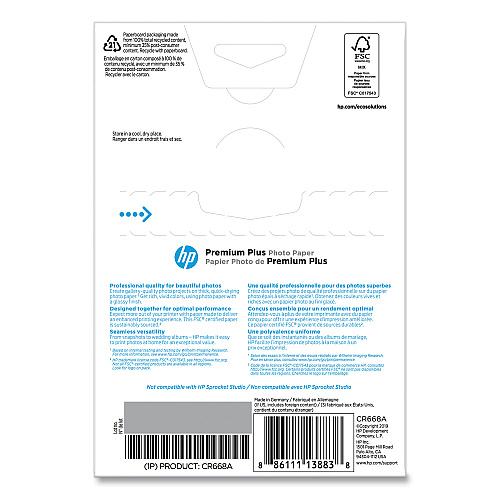 HP Premium Plus Photo Paper, 11.5 mil, 4 x 6, Glossy White, 100/Pack (CR668A)