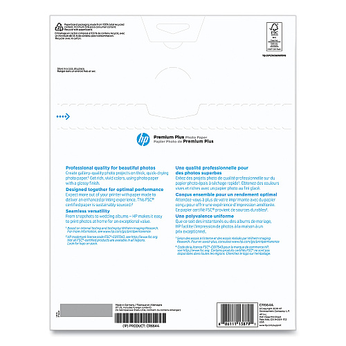 HP Premium Plus Photo Paper, 11.5 mil, 8.5 x 11, Glossy White, 50/Pack (CR664A)