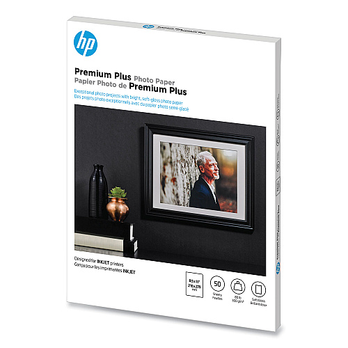HP Premium Plus Photo Paper, 11.5 mil, 8.5 x 11, Soft-Gloss White, 50/Pack (CR667A)