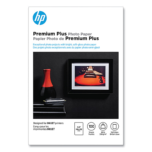 HP Premium Plus Photo Paper, 11.5 mil, 4 x 6, Soft-Gloss White, 100/Pack (CR666A)