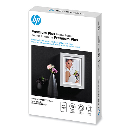 HP Premium Plus Photo Paper, 11.5 mil, 4 x 6, Glossy White, 100/Pack (CR668A)