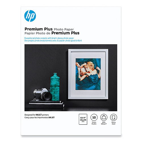HP Premium Plus Photo Paper, 11.5 mil, 8.5 x 11, Glossy White, 50/Pack (CR664A)