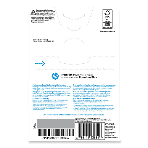 HP Premium Plus Photo Paper, 11.5 mil, 4 x 6, Soft-Gloss White, 100/Pack (CR666A)