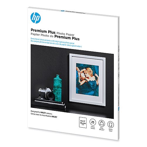 HP Premium Plus Photo Paper, 11.5 mil, 8.5 x 11, Glossy White, 25/Pack (CR670A)