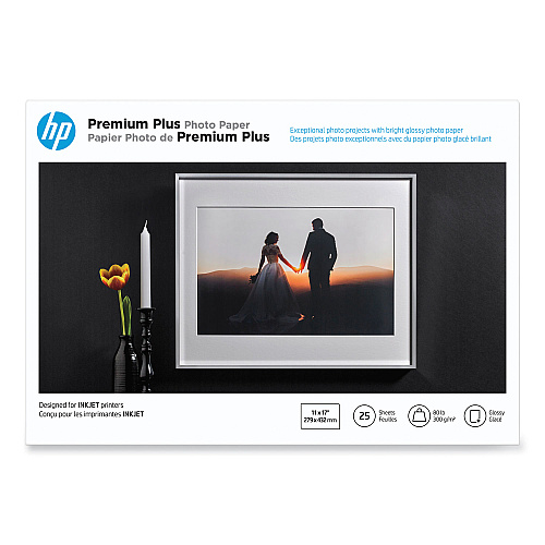HP Premium Plus Photo Paper, 11.5 mil, 11 x 17, Glossy White, 25/Pack (CV065A)