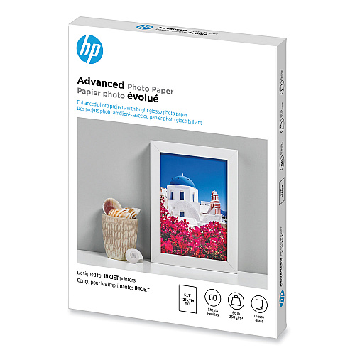 HP Advanced Photo Paper, 10.5 mil, 5 x 7, Glossy White, 60/Pack (Q8690A)