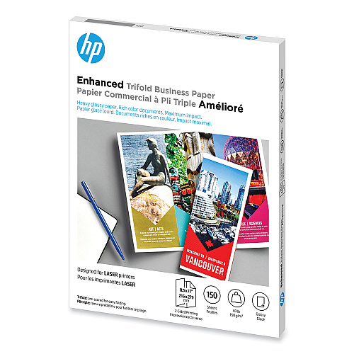 HP Laser Glossy Tri-Fold Brochure Paper, 97 Bright, 40 lb Bond Weight, 8.5 x 11, White, 150/Pack (Q6612A)