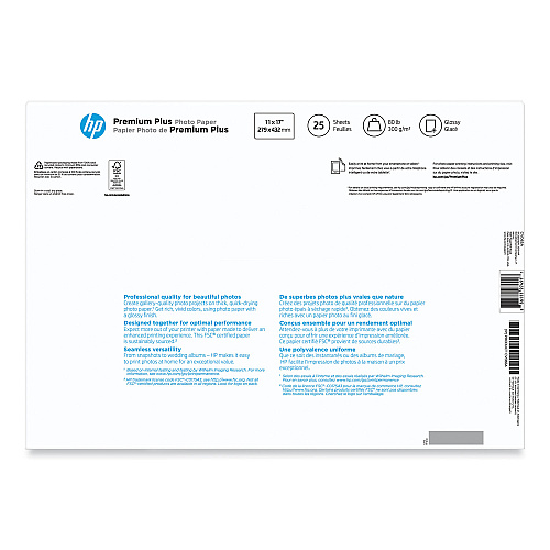HP Premium Plus Photo Paper, 11.5 mil, 11 x 17, Glossy White, 25/Pack (CV065A)