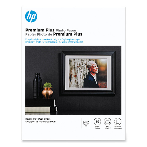 HP Premium Plus Photo Paper, 11.5 mil, 8.5 x 11, Soft-Gloss White, 50/Pack (CR667A)