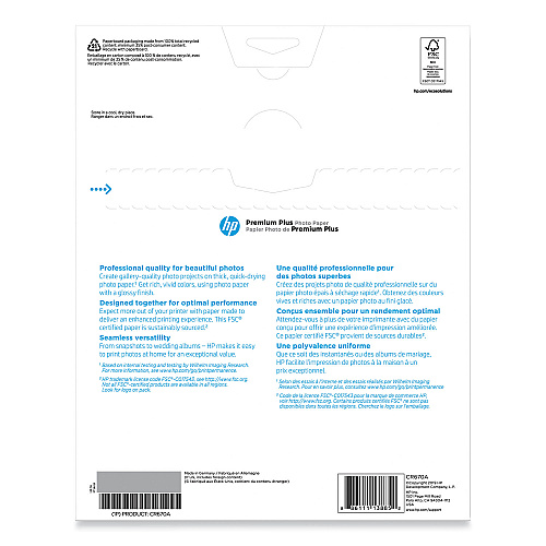 HP Premium Plus Photo Paper, 11.5 mil, 8.5 x 11, Glossy White, 25/Pack (CR670A)
