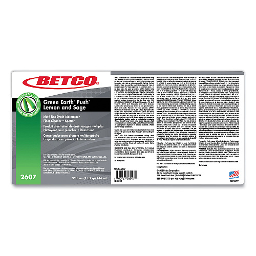 Betco PUSH All Purpose Cleaner and Odor Eliminator, Lemon and Sage Scent, 32 oz Bottle, 12/Carton (26071200)